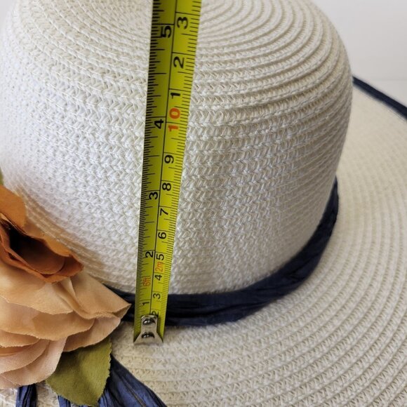 WHITE Paper Straw Hat Blue Trim Floral Embellish Wide Brim Sun Beach Hat - Picture 9 of 13